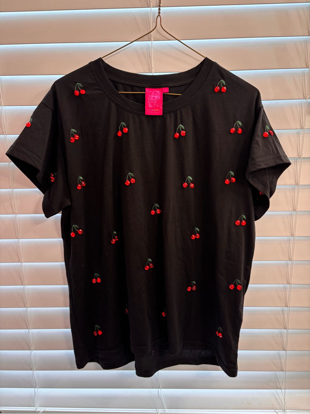 Queen Of Sparkles Black Tee With Red Cherry Gems Nwot